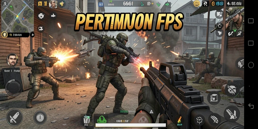 Screenshot gameplay 666I menunjukkan pertempuran FPS yang intens.