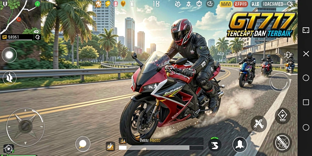 Screenshot GT777 yang menampilkan aksi balapan motor yang seru.