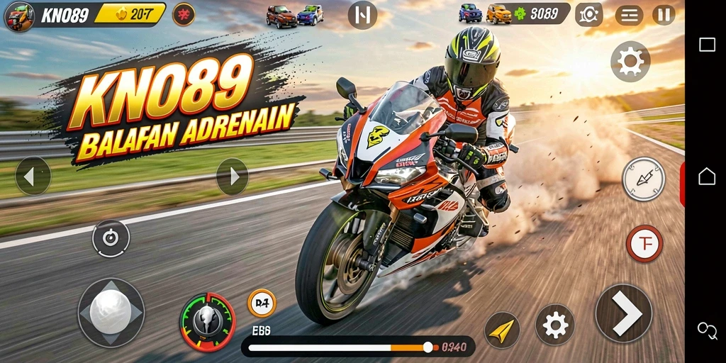 Gameplay KNO89 menampilkan aksi balapan motor yang mendebarkan.