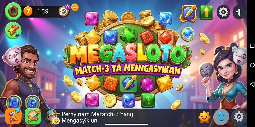 Screenshot gameplay MEGASLOTO menampilkan bola warna-warni dan tantangan Match-3.